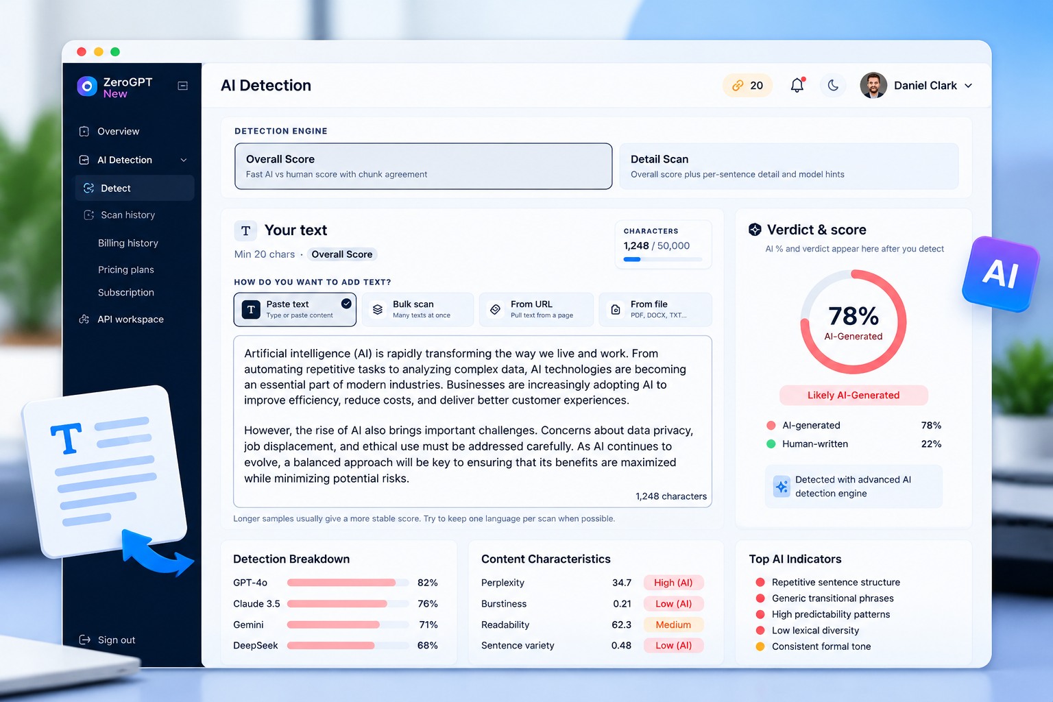 ZeroGPT New advanced AI content detection interface