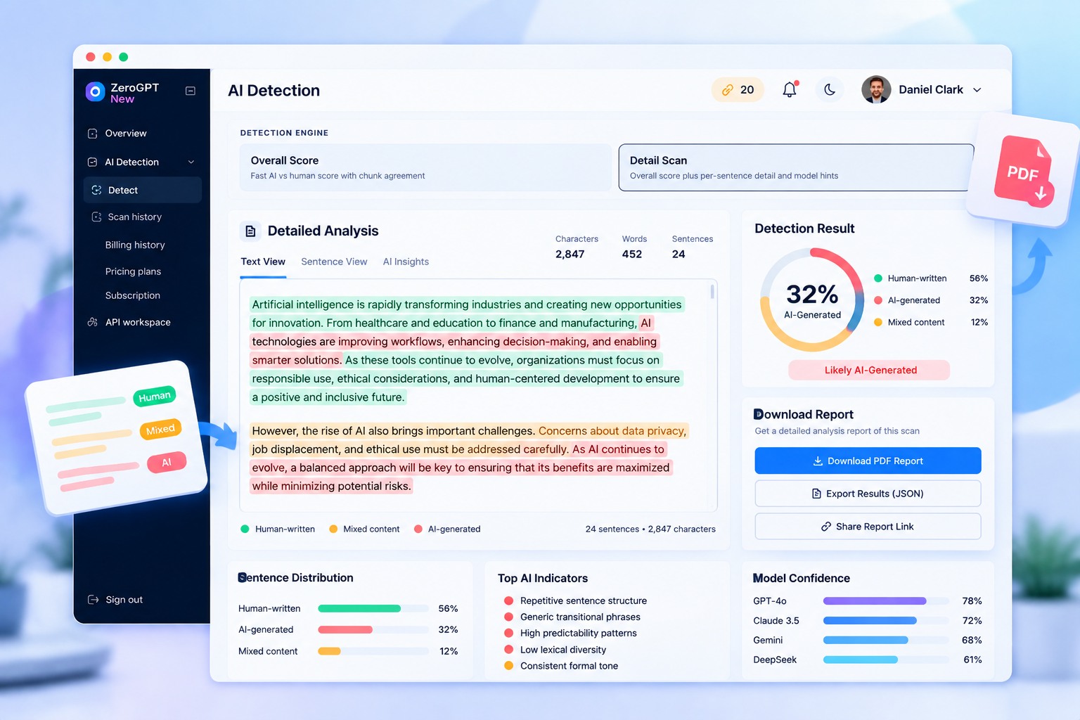 ZeroGPT New clear detection report with highlighted sentences
