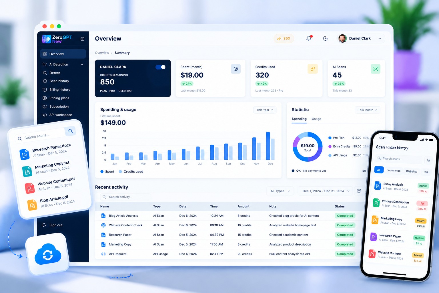 ZeroGPT New user dashboard and detection history